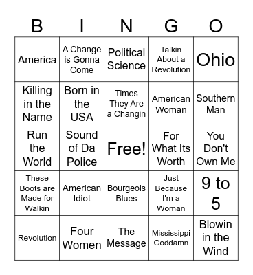 Protest Music Bingo Card