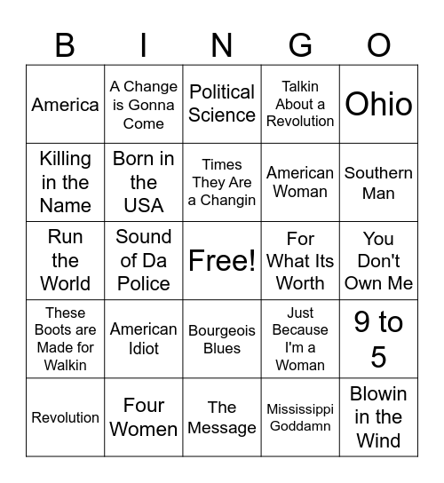 Protest Music Bingo Card