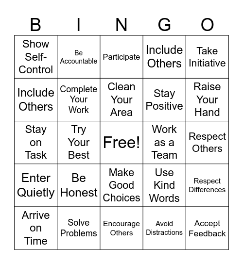 Classroom Expectations Bingo Card