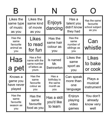 First Day of School Bingo: talk to someone who... Bingo Card