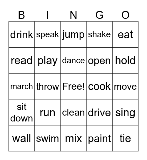 active verbs Bingo Card