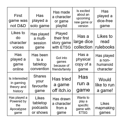 TTRPG Bingo Card