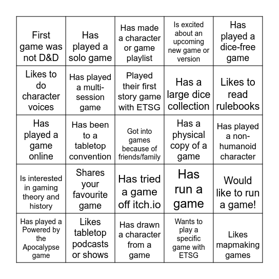 TTRPG Bingo Card