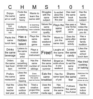 School Bingo Card