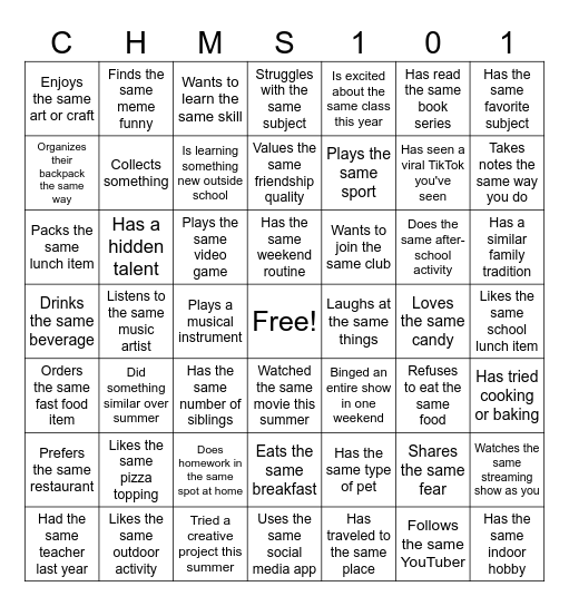 School Bingo Card