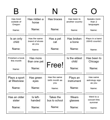 Classmate Bingo! Bingo Card