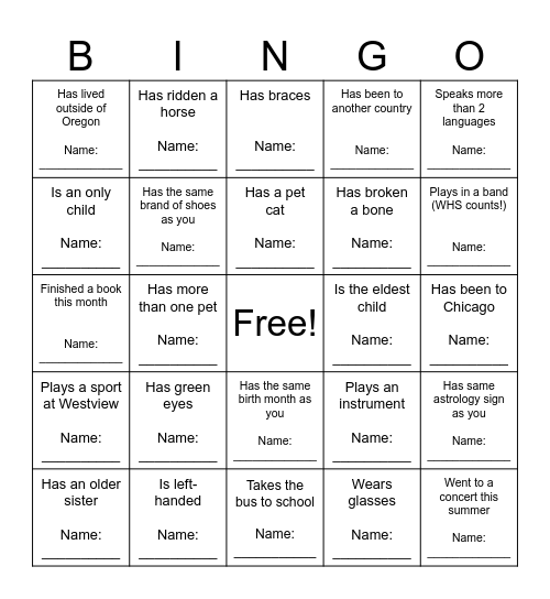 Classmate Bingo! Bingo Card