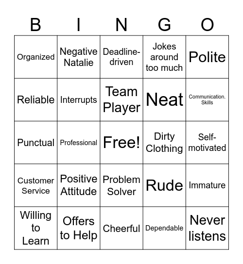Workplace Expectations Bingo Card