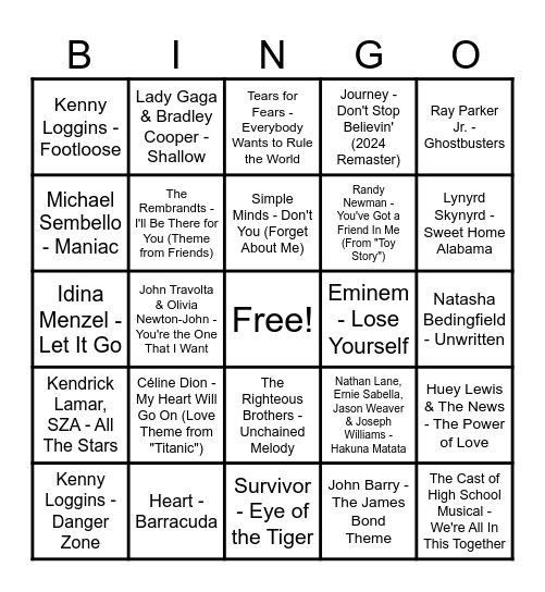 Round 1: Movie Songs Bingo Card