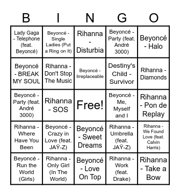 Round 2 - Beyonce v. Rihanna Bingo Card