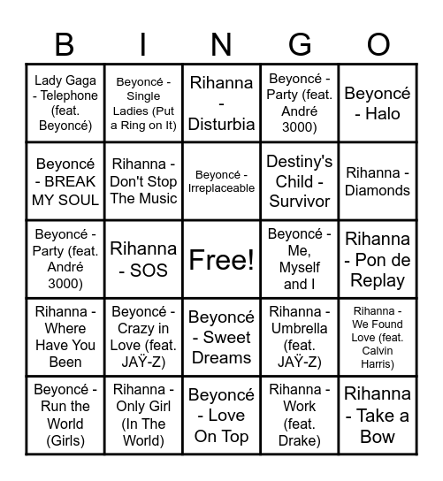 Round 2 - Beyonce v. Rihanna Bingo Card