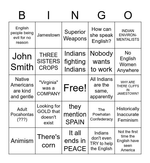Disney's "Pocahontas" BINGO Card