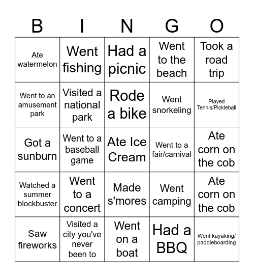 Summer Bingo Card Bingo Card