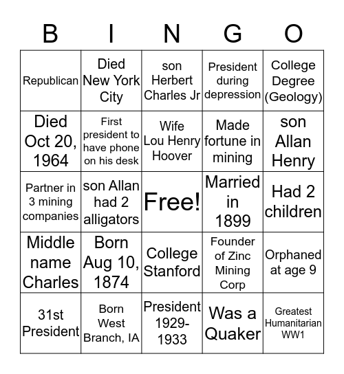 Herbert Hoover Bingo Card