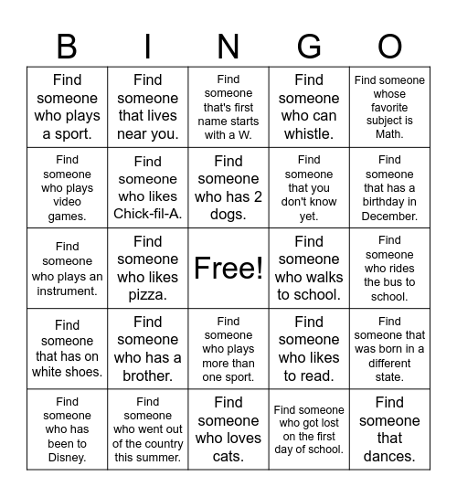Get to Know Your Classmates Bingo Card