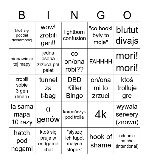 DBD IS A BAD GAME (Killer Bingo) Bingo Card