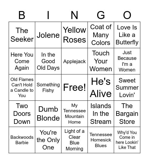 Dolly Parton Music Bingo Card