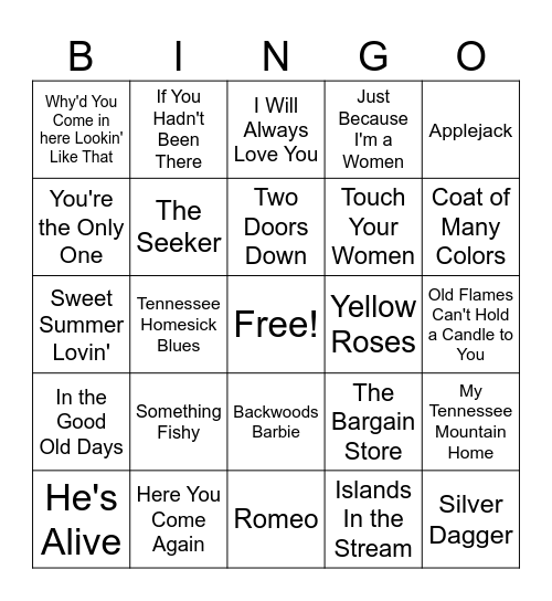 Dolly Parton Music Bingo Card