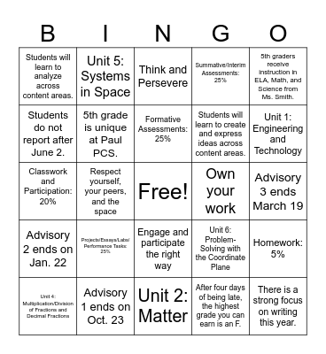 5th Grade Syllabus Bingo Card