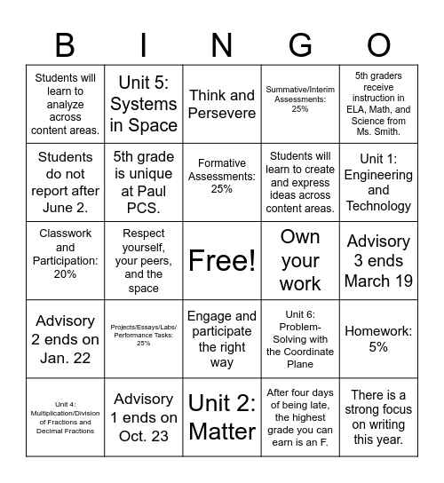 5th Grade Syllabus Bingo Card