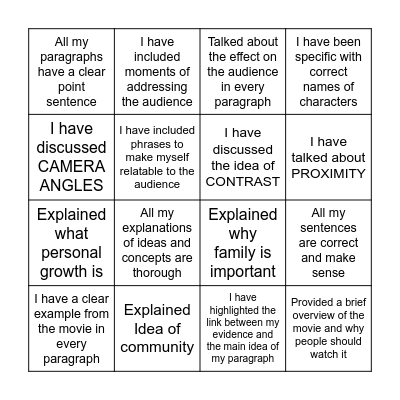 Whole Class Self-Improvement Bingo Card
