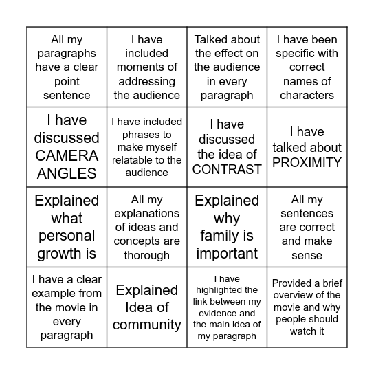 Whole Class Self-Improvement Bingo Card