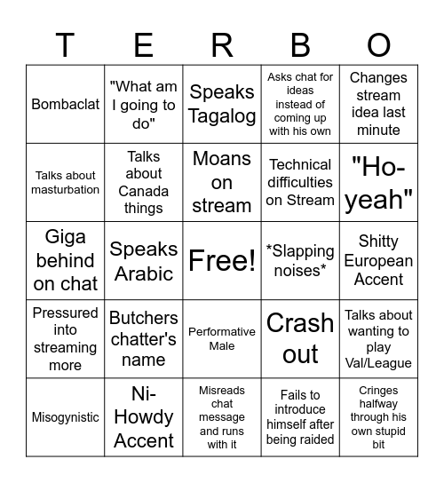 TERB Stream Bingo Card