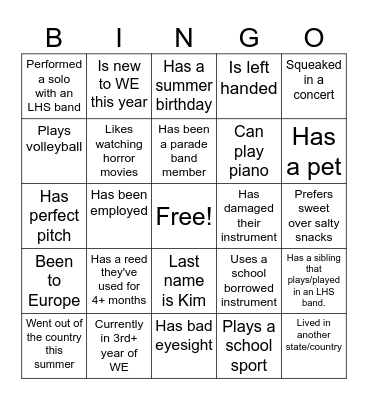 Wind Ensemble Meet and Greet!!! Bingo Card