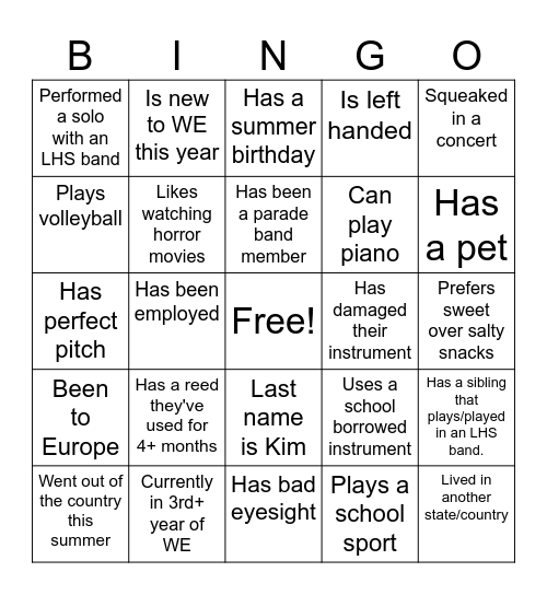 Wind Ensemble Meet and Greet!!! Bingo Card