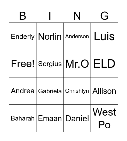 ELD 4 - P1 Bingo Card