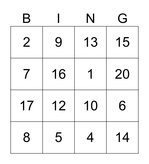 บิงโกจำนวน 1-20 Bingo Card