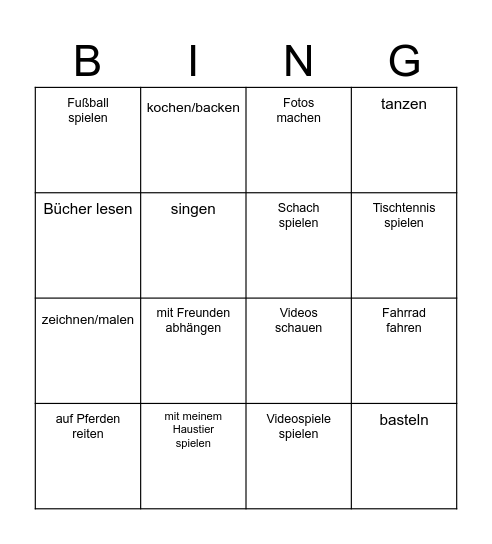 Hobby bingo Card