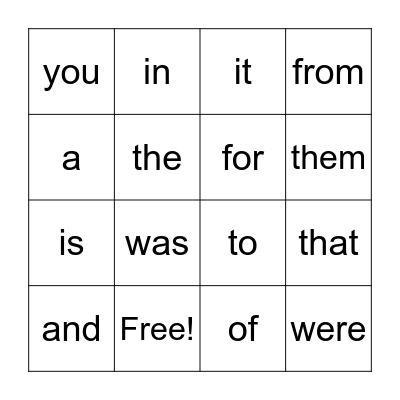 Fry Words 1 Bingo Card
