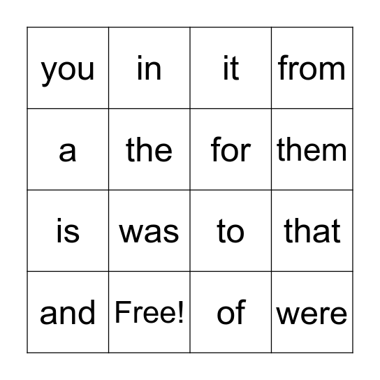 Fry Words 1 Bingo Card