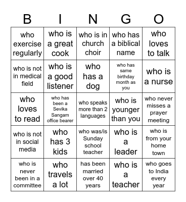 Find a Sister Bingo Card