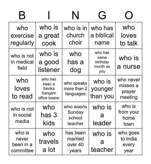 Find a Sister Bingo Card