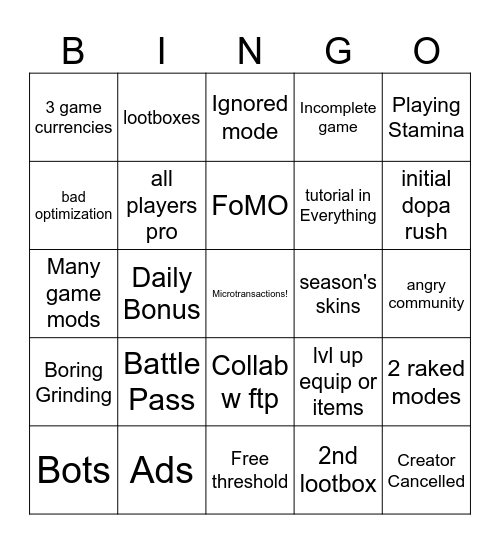 Sponsor-Killer Bingo Card