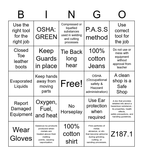 Safety Bingo Card