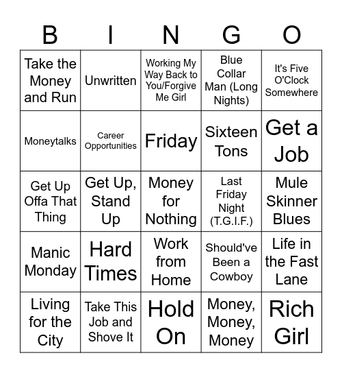 9-5: Labor Day/Back to Work Anthems Bingo Card