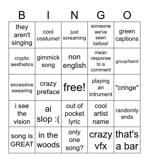 IG Music Bingo Card