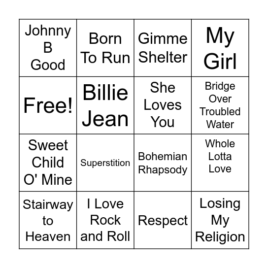 Rock Music Bingo Card