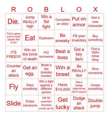 Roblox bingo Card
