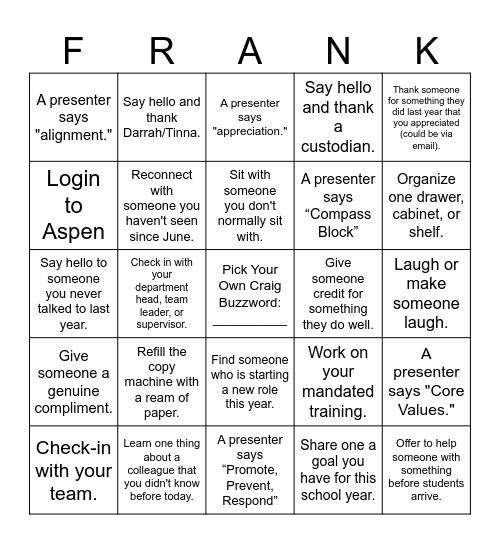 FMS Bingo (Returning Teachers) Bingo Card