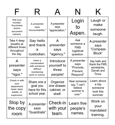 FMS Bingo (New Teachers) Bingo Card
