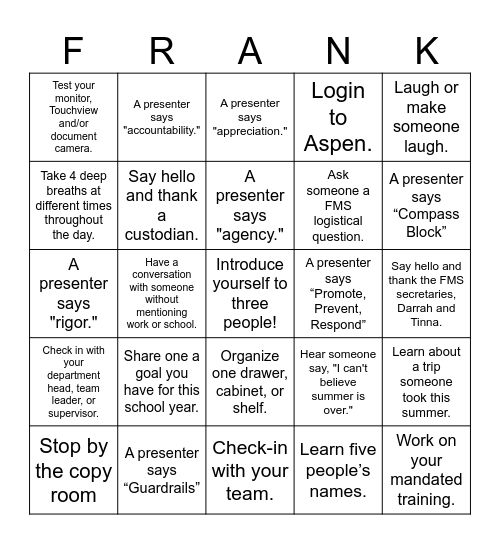 FMS Bingo (New Teachers) Bingo Card