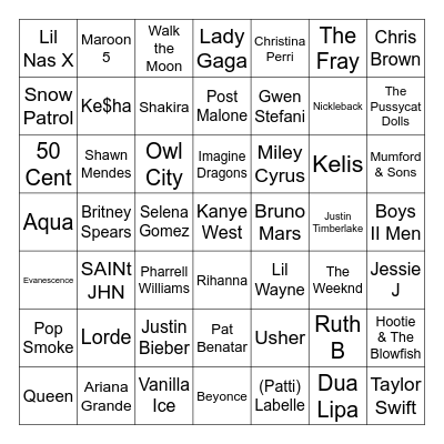 Friday "Who's the Artist" Bingo Card