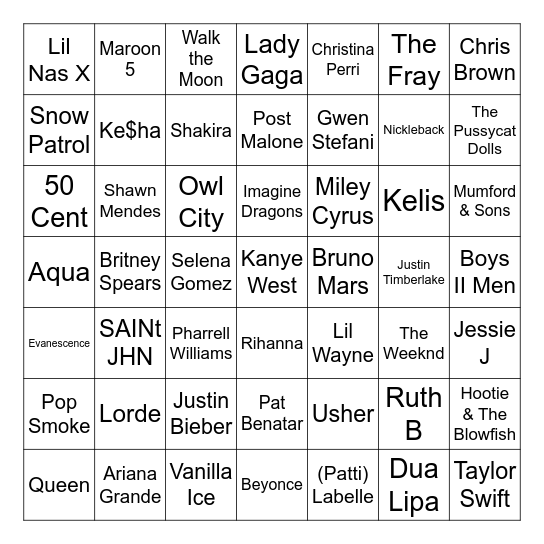 Friday "Who's the Artist" Bingo Card
