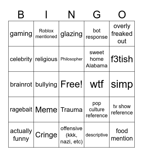 phub comments bingo Card