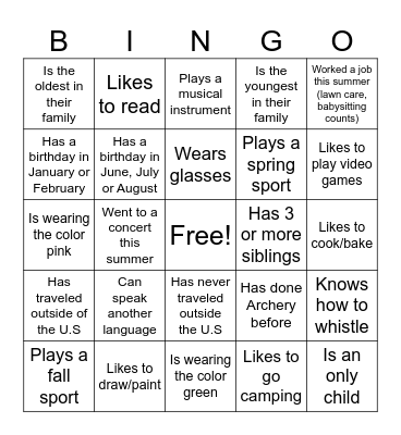 Get to know you BINGO Card