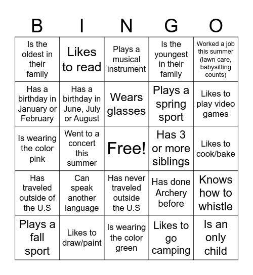 Get to know you BINGO Card